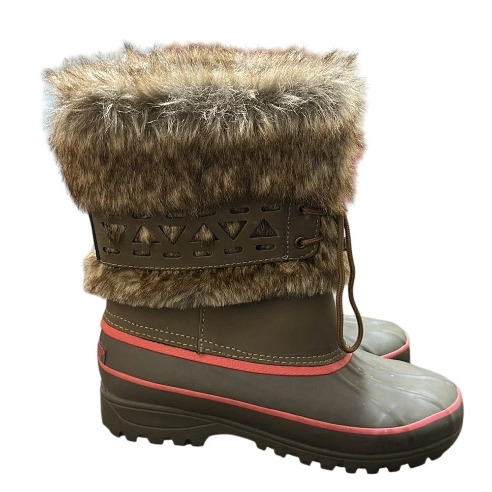Khombu Womens Fur Lined Winter Snow Boots Waterproof Pink Trim Lace Up‎ Size 7
